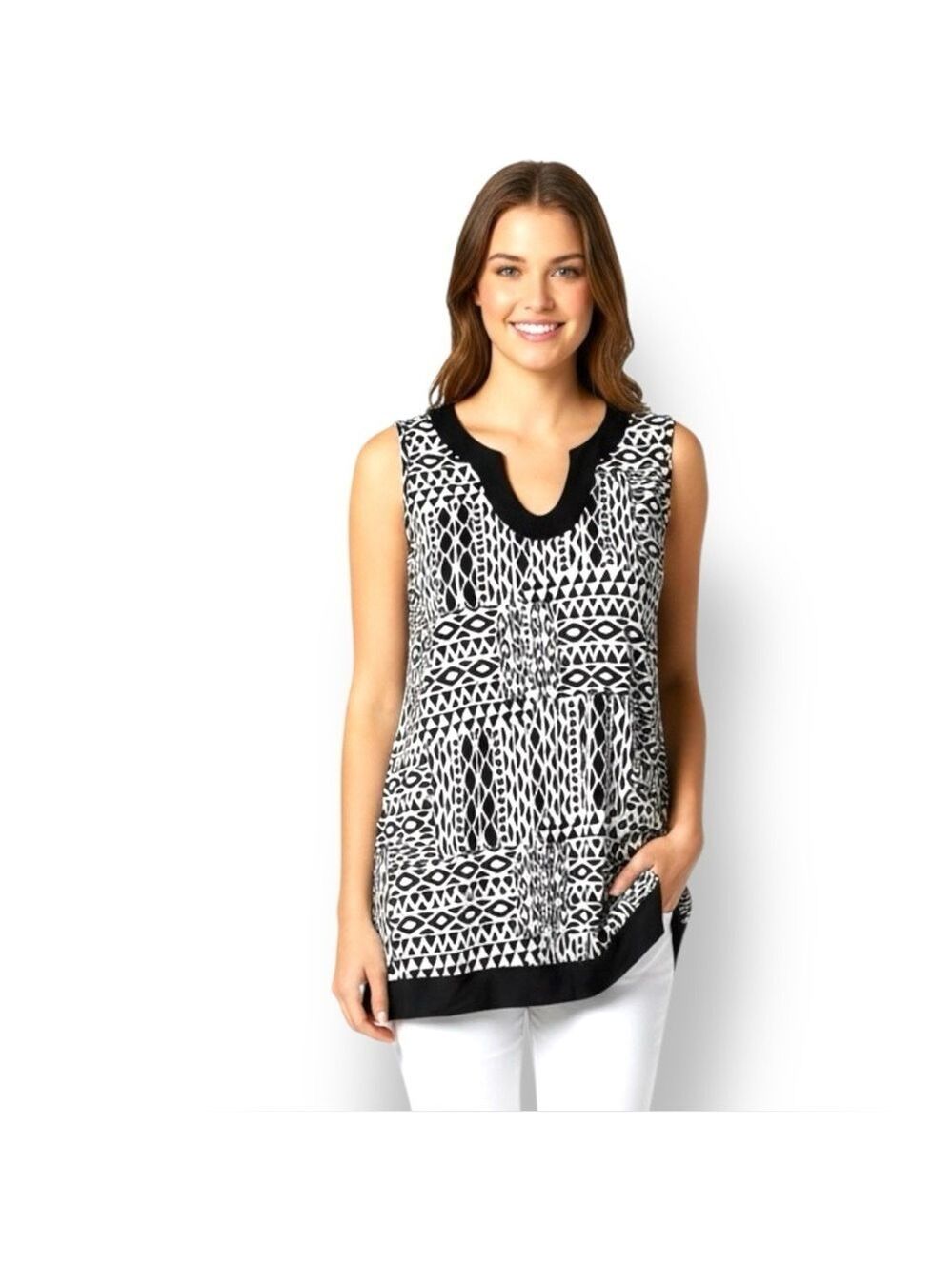 WHITE HOUSE BLACK MARKET Easy Care Sleeveless Black White Geometric Print Top XL